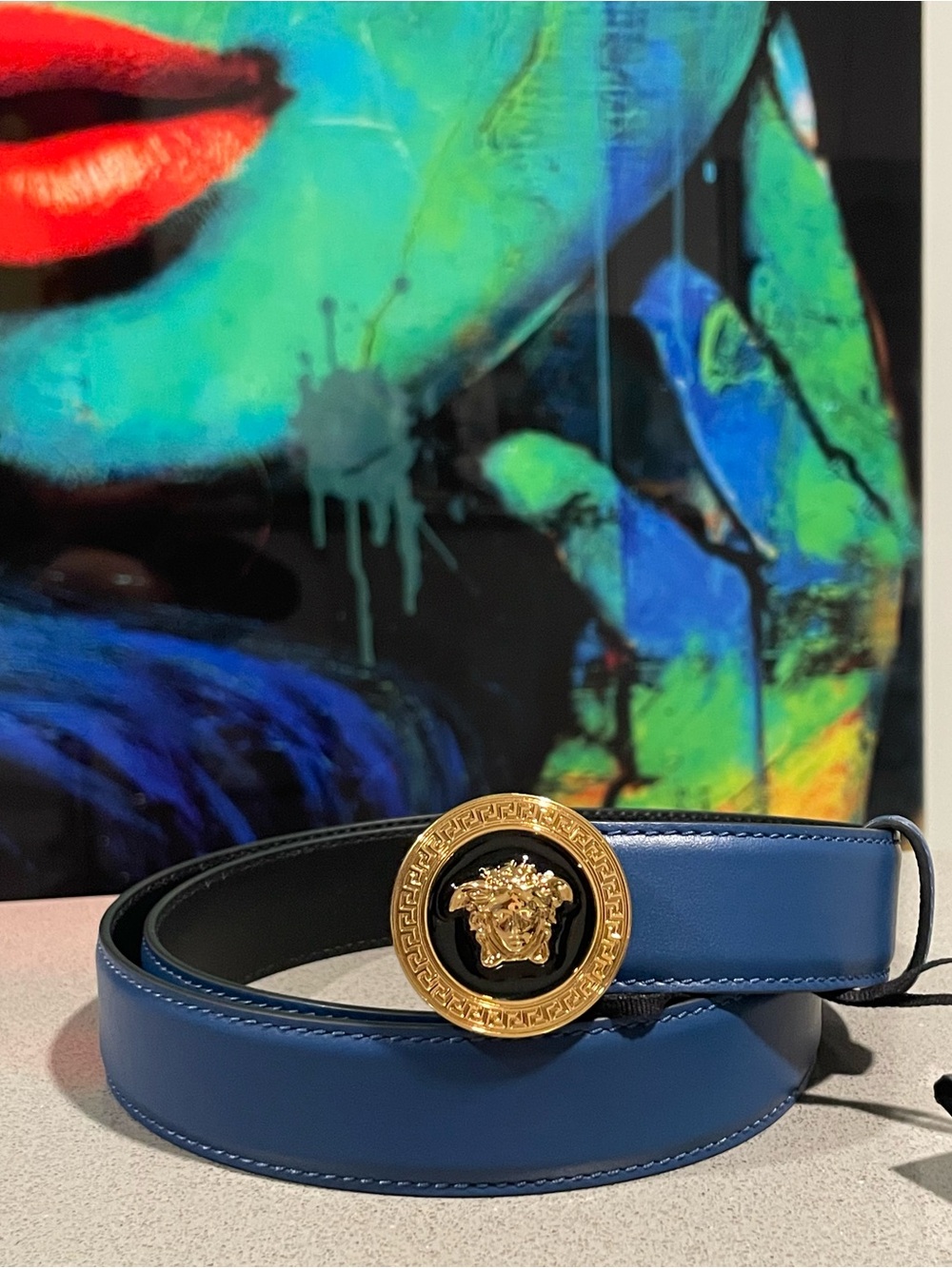Versace Blue Leather Belt with Gold Medusa Buckle  SZ 95/38